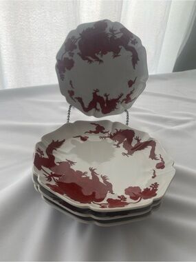 Fitz and Floyd White Dinner Plates with Red Dragon Motif